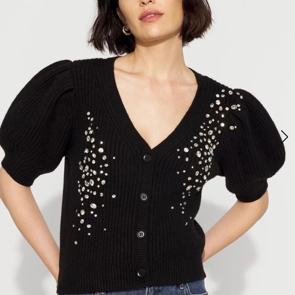 White House Black Market Rhinestone Embellished Puff Sleeve Cardigan Black XL